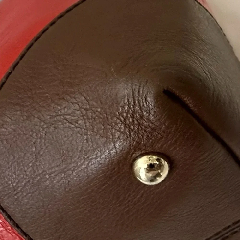 Kate Spade Patent Leather Cherry Red Tote Bag Brown Handles & Trim